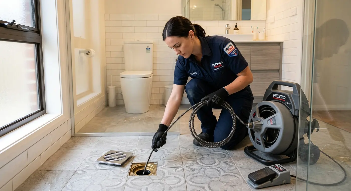 Technician clearing a bathroom floor drain for Sewer Line Installation in Kingston